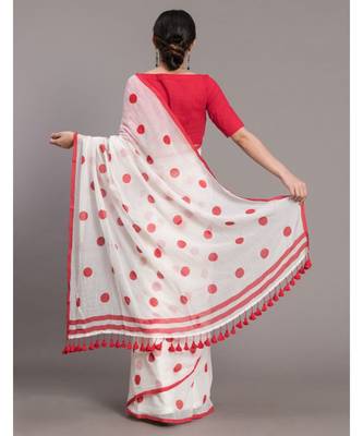 Suta Women White & Red Polka Dots Printed Pure Cotton Saree 4