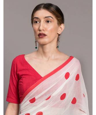 Suta Women White & Red Polka Dots Printed Pure Cotton Saree 5