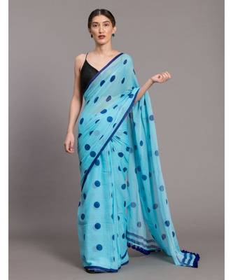 Suta Blue Polka Dots Printed Pure Cotton Saree 1
