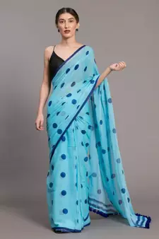 Suta Blue Polka Dots Printed Pure Cotton Saree
