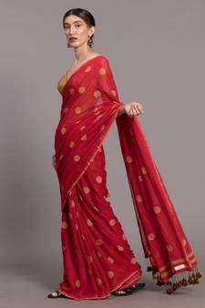 Suta Red & Beige Pure Cotton Polka Dots Printed Saree