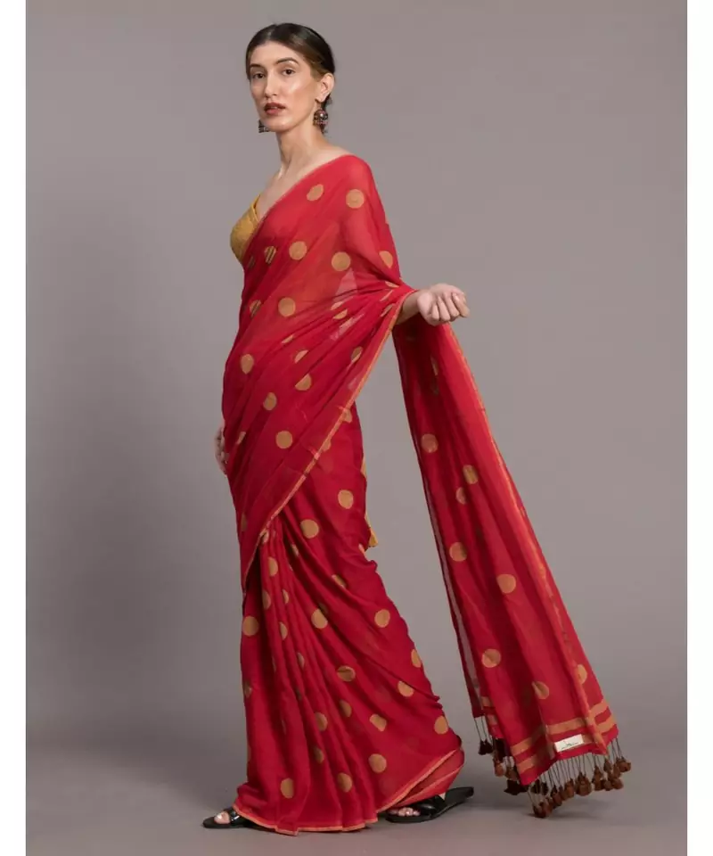 Suta Red & Beige Pure Cotton Polka Dots Printed Saree