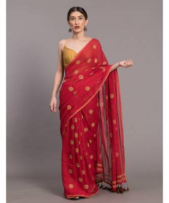 Suta Red & Beige Pure Cotton Polka Dots Printed Saree 2