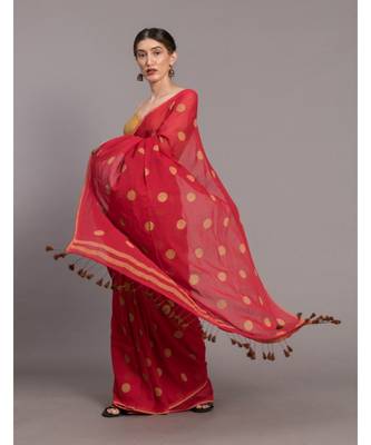 Suta Red & Beige Pure Cotton Polka Dots Printed Saree 3