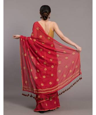 Suta Red & Beige Pure Cotton Polka Dots Printed Saree 4