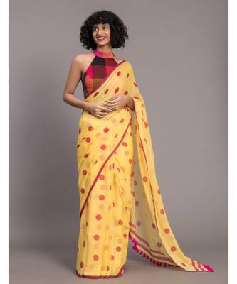 Suta Yellow  & Pink Polka Dots Printed Pure Cotton Saree 1