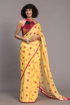 Suta Yellow  & Pink Polka Dots Printed Pure Cotton Saree
