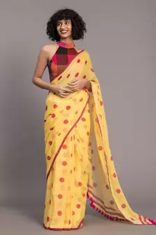 Suta Yellow  & Pink Polka Dots Printed Pure Cotton Saree