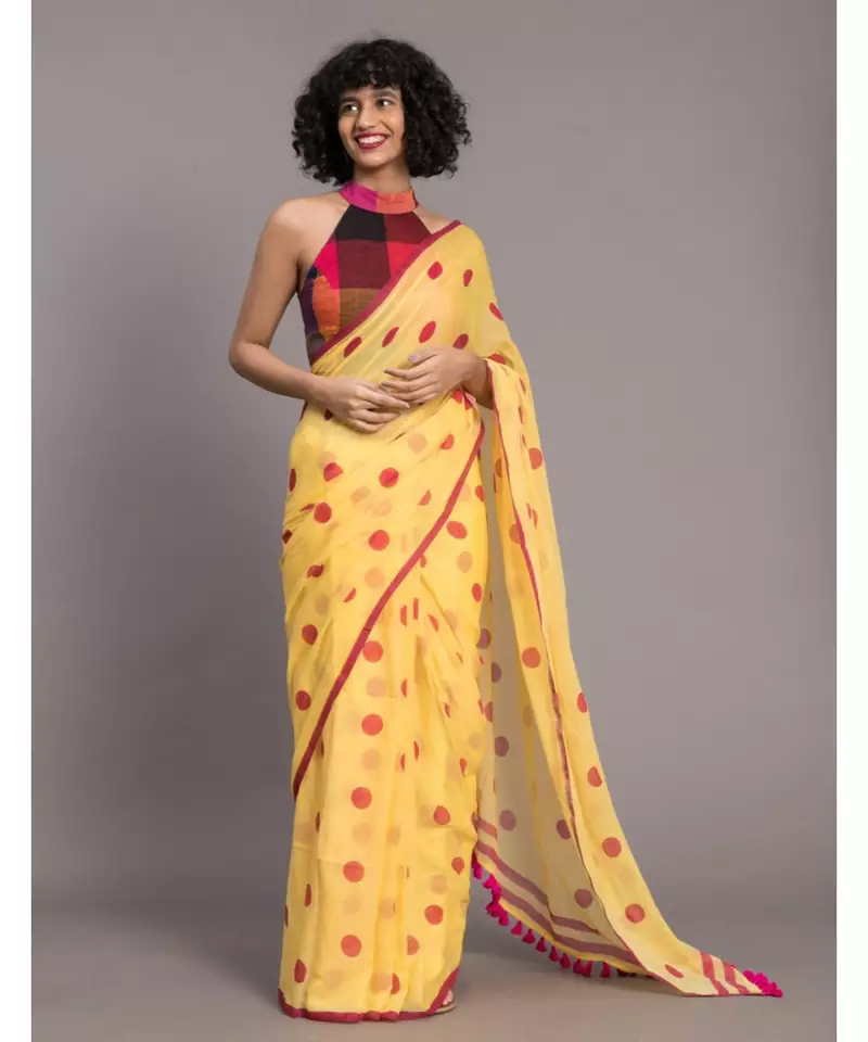 Suta Yellow  & Pink Polka Dots Printed Pure Cotton Saree
