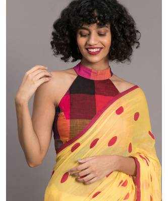 Suta Yellow  & Pink Polka Dots Printed Pure Cotton Saree 2