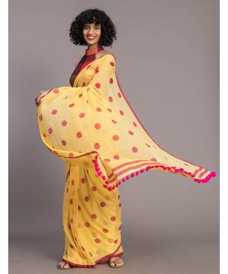 Suta Yellow  & Pink Polka Dots Printed Pure Cotton Saree 3