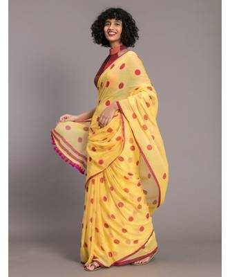 Suta Yellow  & Pink Polka Dots Printed Pure Cotton Saree 4