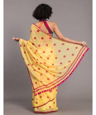 Suta Yellow  & Pink Polka Dots Printed Pure Cotton Saree 5