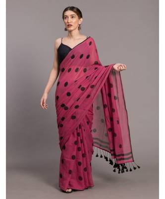 Suta Pink & Black Polka Dots Printed Pure Cotton Saree 1