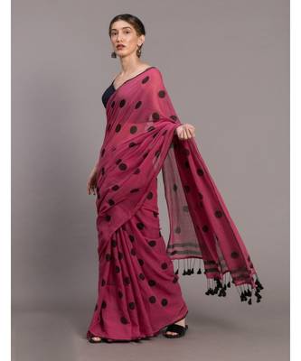 Suta Pink & Black Polka Dots Printed Pure Cotton Saree 2