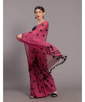 Suta Pink & Black Polka Dots Printed Pure Cotton Saree 3