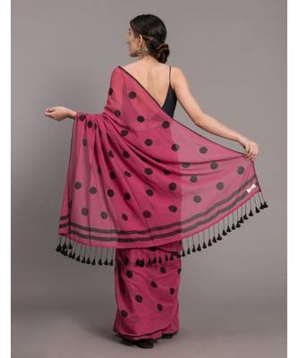 Suta Pink & Black Polka Dots Printed Pure Cotton Saree 4