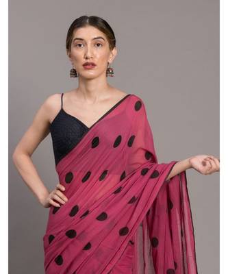 Suta Pink & Black Polka Dots Printed Pure Cotton Saree 5