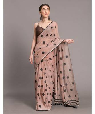 Suta Women Beige & Black Polka Dots Printed Pure Cotton Saree 1