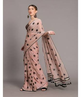 Suta Women Beige & Black Polka Dots Printed Pure Cotton Saree 2