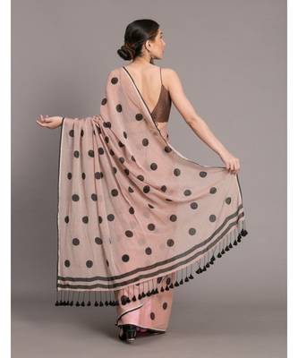 Suta Women Beige & Black Polka Dots Printed Pure Cotton Saree 4