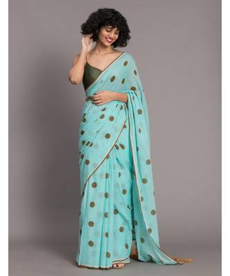 Suta Blue & Brown Polka Dots Printed Pure Cotton Saree 1