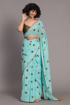 Suta Blue & Brown Polka Dots Printed Pure Cotton Saree