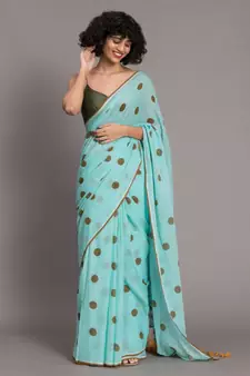 Suta Blue & Brown Polka Dots Printed Pure Cotton Saree