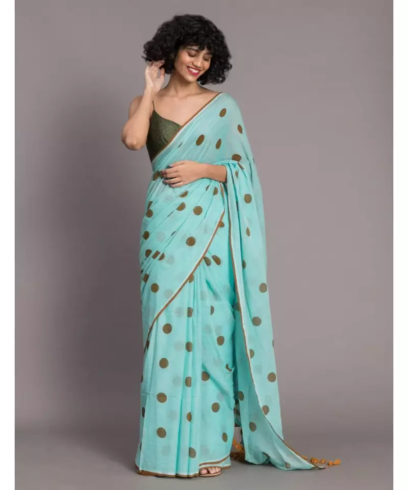 Suta Blue & Brown Polka Dots Printed Pure Cotton Saree