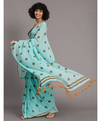 Suta Blue & Brown Polka Dots Printed Pure Cotton Saree 3
