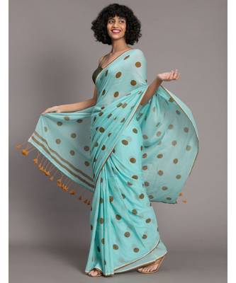 Suta Blue & Brown Polka Dots Printed Pure Cotton Saree 4