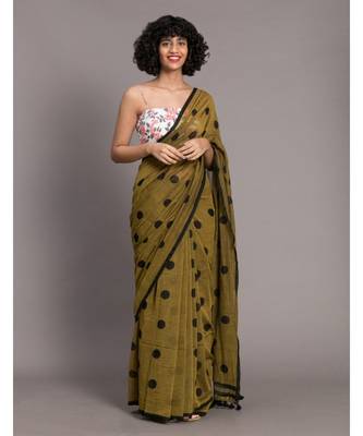 Suta Women Olive Green & Black Polka Dots Printed Pure Cotton Saree 1