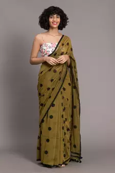 Suta Women Olive Green & Black Polka Dots Printed Pure Cotton Saree