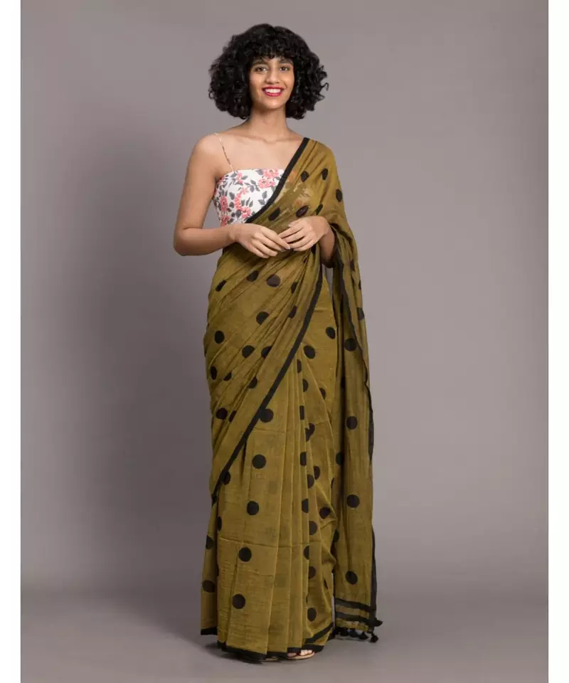 Suta Women Olive Green & Black Polka Dots Printed Pure Cotton Saree