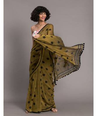 Suta Women Olive Green & Black Polka Dots Printed Pure Cotton Saree 2