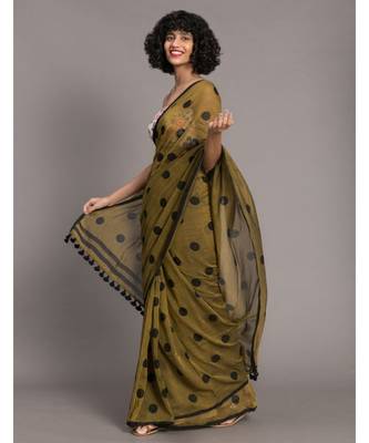Suta Women Olive Green & Black Polka Dots Printed Pure Cotton Saree 3