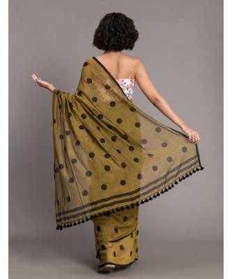 Suta Women Olive Green & Black Polka Dots Printed Pure Cotton Saree 4