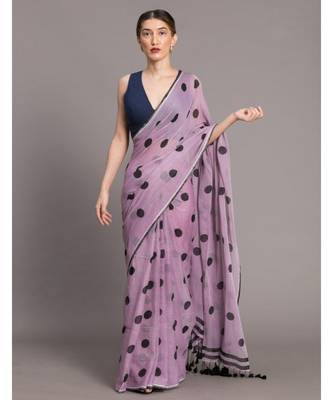 Suta Lavender & Black Polka Dots Printed Pure Cotton Saree 1