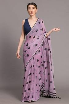 Suta Lavender & Black Polka Dots Printed Pure Cotton Saree