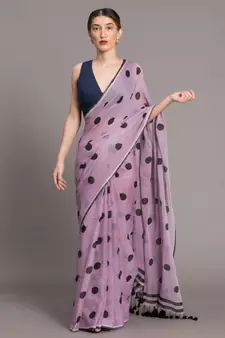 Suta Lavender & Black Polka Dots Printed Pure Cotton Saree