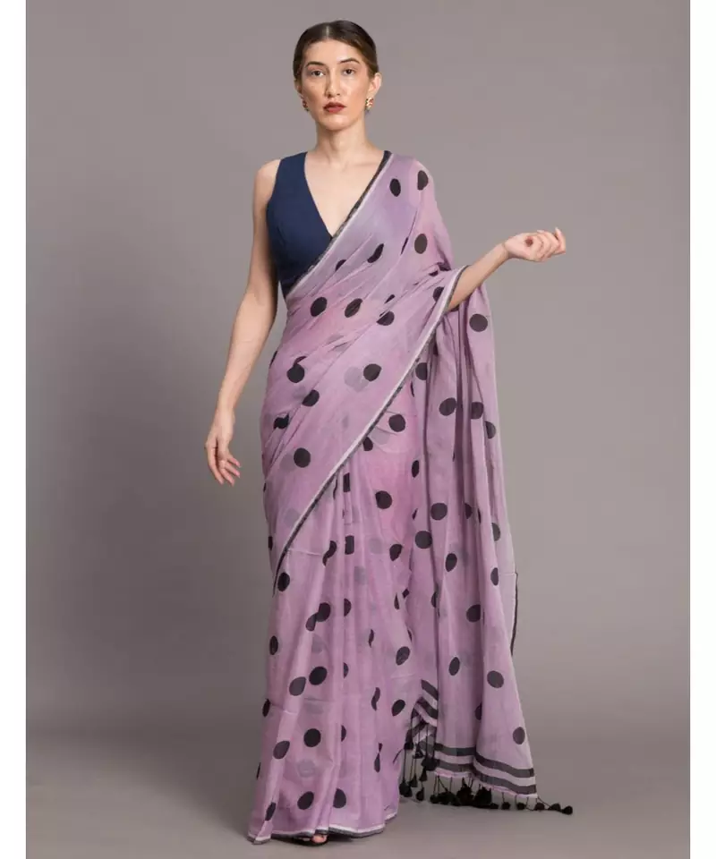 Suta Lavender & Black Polka Dots Printed Pure Cotton Saree