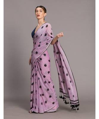 Suta Lavender & Black Polka Dots Printed Pure Cotton Saree 3