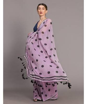 Suta Lavender & Black Polka Dots Printed Pure Cotton Saree 4