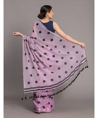 Suta Lavender & Black Polka Dots Printed Pure Cotton Saree 5