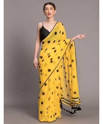 Suta Women Yellow  & Black Polka Dots Printed Pure Cotton Saree 1