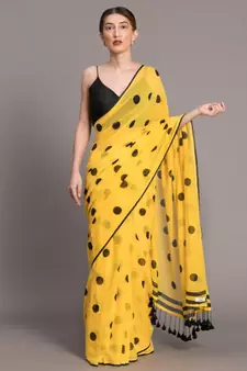Suta Women Yellow  & Black Polka Dots Printed Pure Cotton Saree