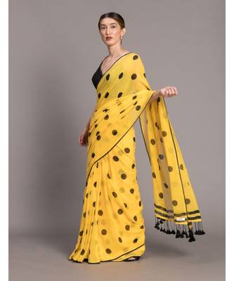 Suta Women Yellow  & Black Polka Dots Printed Pure Cotton Saree 2