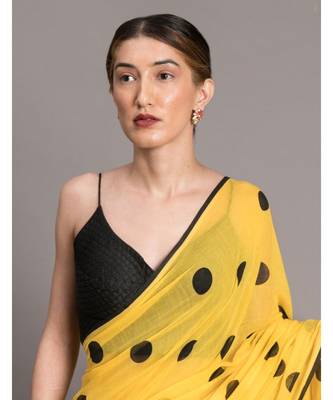 Suta Women Yellow  & Black Polka Dots Printed Pure Cotton Saree 3