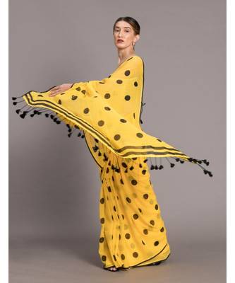 Suta Women Yellow  & Black Polka Dots Printed Pure Cotton Saree 4