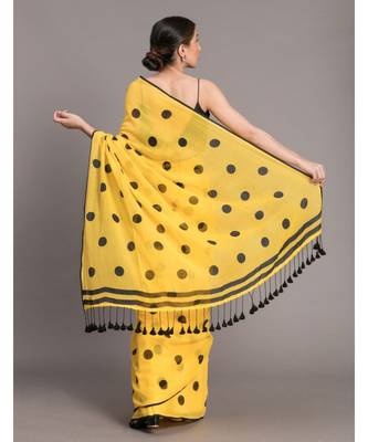 Suta Women Yellow  & Black Polka Dots Printed Pure Cotton Saree 5